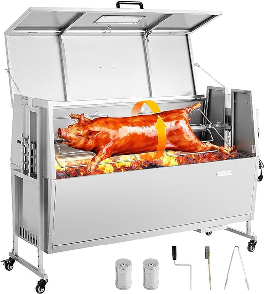 VEVOR Rotisserie Grill, 52in BBQ Outdoor Pig & Lamb Spit Roaster, Charcoal Spit Roaster with 132 LBS Capacity, Wheels, 4-Level Height, Stainless Steel Electric Rotisserie Grill Kit for Camping Outdoor