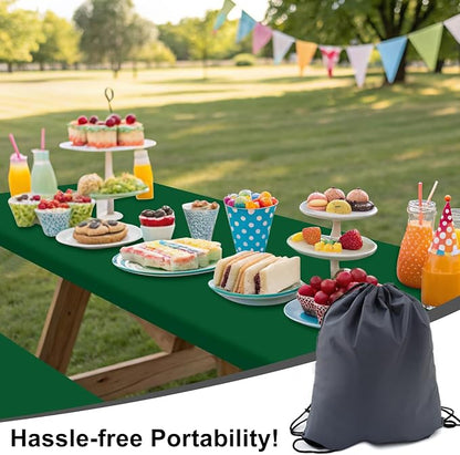 Smiry Picnic Table Cover with Bench Covers, Waterproof Elastic Fitted Polyester Tablecloths for 8 Ft Rectangle Tables, Washable Windproof Tablecloth for Outdoor, Camping (Emerald Green, 30x96 Inches)