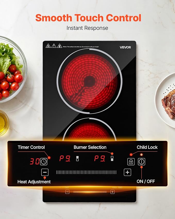 VEVOR Electric Cooktop 12inch 2 Burners Portable Stove Top 1800W 120V, Ceramic Countertop/Built-in Radiant Electric Stove, with 9 Power Levels, Timer, Child Lock, Over-Heat Guard, Touch Control