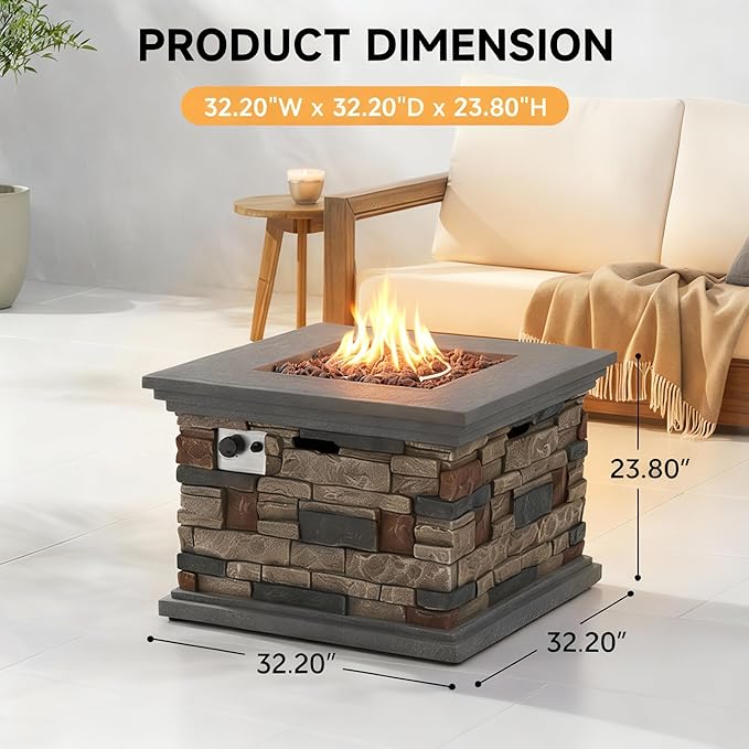 32'' Propane Fire Pit Table, 40,000 BTU Outdoor Square Gas Firepit with Auto-Ignition, Waterproof Cover, Lava Rock for Patio Deck, Imitation Stone Concrete, CSA Certified, Gray
