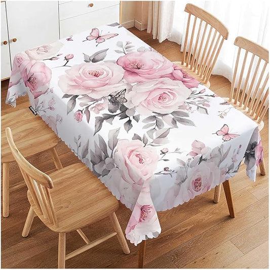 Swono Rectangle Tablecloth Rose Table Cover 52x70 Inch Watercolor Pink Flowers Roses and Leaves Heavy Duty Table Cloth for Rectangle Tables Decorative Tablecloth for Dining Party Camping BBQ