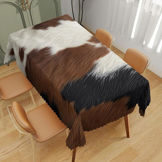 Cow Fur Table Cloth Brown White Spots Animal Fur Polyester Tablecloth Kitchen Table Cover for Dining BBQ Picnic Coffee Table 52 x 70 Inch 4-6 Seats