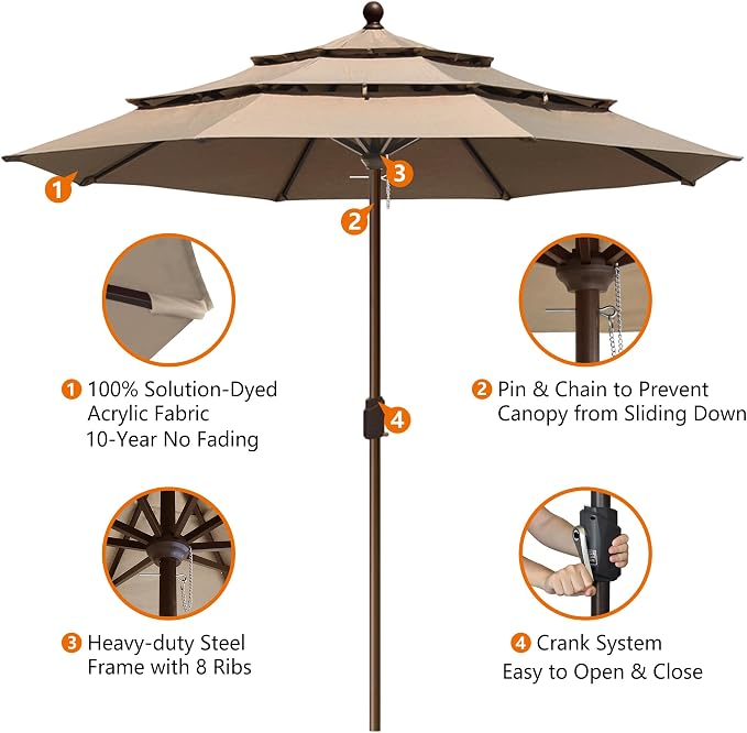 EliteShade USA 10-Year-Non-Fading 10ft 3-Tier Market Patio Umbrella, Commercial Grade Outdoor Table Umbrella with Crank Open, Windproof & UPF 50+ UV Protection, Heavy Duty Ventilation for Garden, Deck, Pool, Backyard, Beach & Bistro, No Tilt, Heather B...
