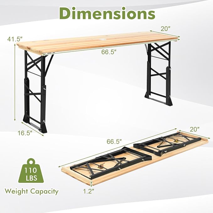 5.5FT Folding Picnic Beer Table, Outdoor Camping Table with Umbrella Hole & 2 Adjustable Heights, Heavy Duty Metal Frame & Solid Wood Top, Portable Picnic Table for Patio, Garden, Backyard