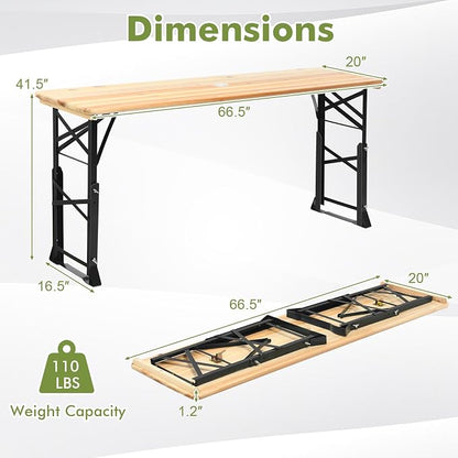 5.5FT Folding Picnic Beer Table, Outdoor Camping Table with Umbrella Hole & 2 Adjustable Heights, Heavy Duty Metal Frame & Solid Wood Top, Portable Picnic Table for Patio, Garden, Backyard