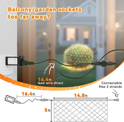 LitHome 14.8FT x 5FT Christmas Net Lights Outdoor Mesh Lights Connectable | 8 Modes 300 LED Warm White Net Light Green Wire, Waterproof Giant Christmas Mesh Light for Bushes Garden Yard Party Decor