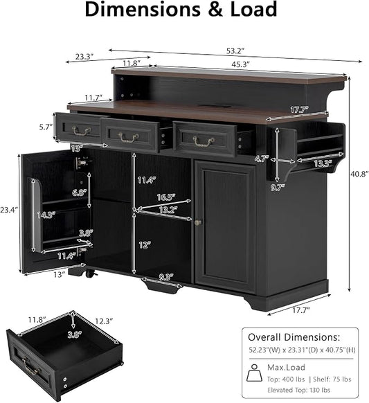 Merax 53.2" Two-Tier Kitchen Island with Storage, Farmhouse Kitchen Island with Power Outlet, 4 Door Shelves, Adjustable Shelves, 3 Drawers, Rolling Island Table, Bar Cabinet for Kitchen, Ash Black