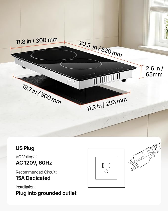 VEVOR Electric Cooktop 12inch 2 Burners Portable Stove Top 1800W 120V, Ceramic Countertop/Built-in Radiant Electric Stove, with 9 Power Levels, Timer, Child Lock, Over-Heat Guard, Touch Control