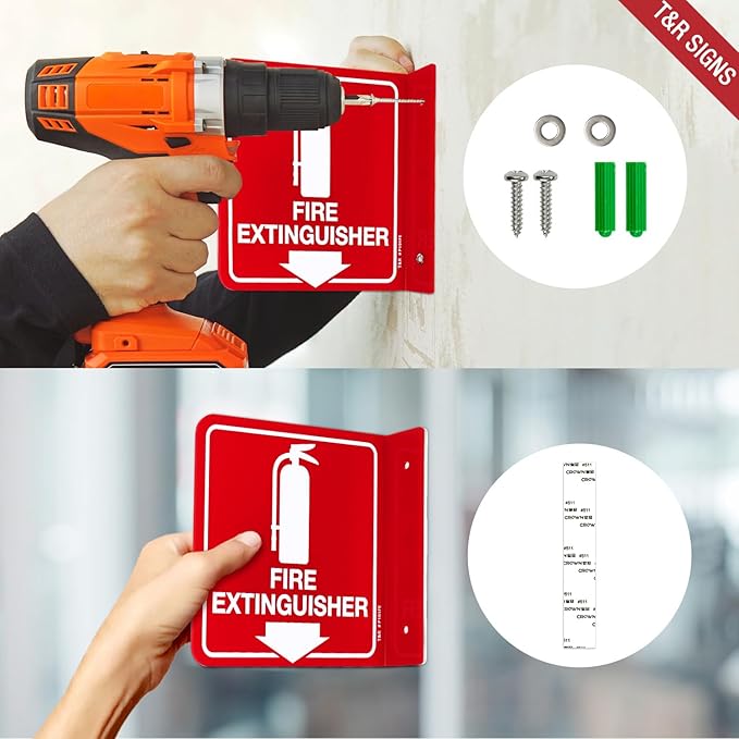 T&R Fire Extinguisher Sign, Fire Extinguisher with Down Arrow - 4 Pack - 6 x 6 Inches Acrylic, 2 pre-drilled holes, Includes Matching Screws, Use for Home Office/Business