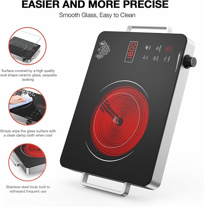 Electric Cooktop, Portable Electric Cooktop 1800W Single Burner Stove 110V with Plug, Hot Plate Countertop, Child Safety Lock, Timer, Infrared Burner,Touch and Knob Control