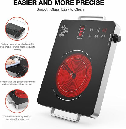 Electric Cooktop, Portable Electric Cooktop 1800W Single Burner Stove 110V with Plug, Hot Plate Countertop, Child Safety Lock, Timer, Infrared Burner,Touch and Knob Control