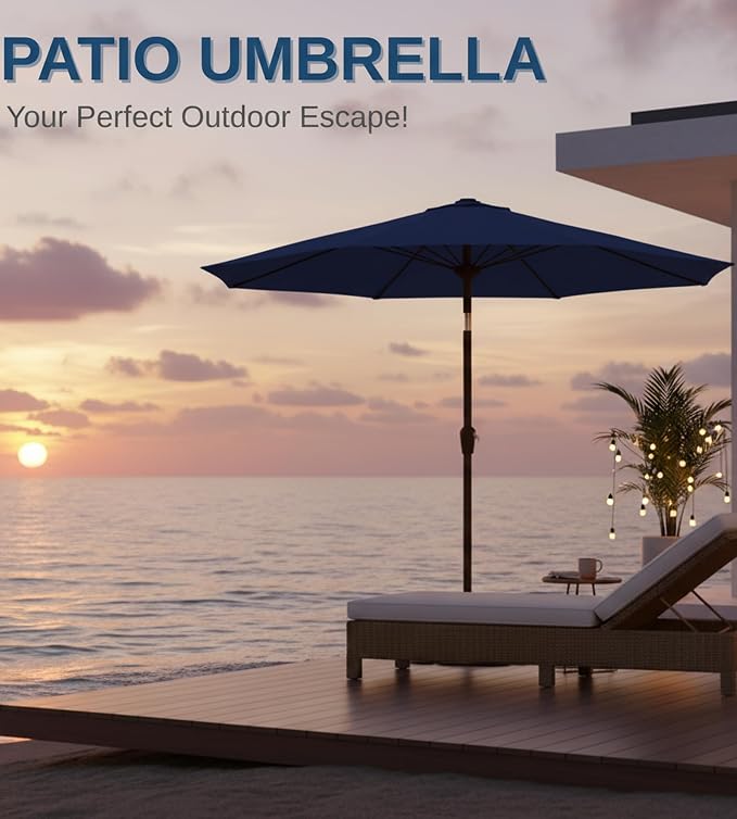 9FT Auto-Tilt Patio Umbrella|Outdoor Market Table Umbrella with 8 Fiberglass Ribs for Pool,Deck&Backyard
