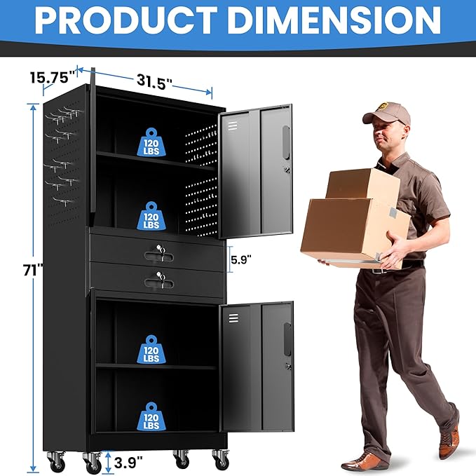 Metal Garage Storage Cabinet with 2 Drawers, 71'' Tall Lockable Storage Cabinet with Adjustable Shelves, Rolling Tool Cabinet on Wheels for Garage, Utility Room (Black)
