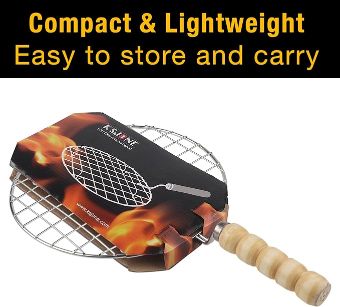KSJONE Stainless Steel Multi-Functional Wire Steaming Cooling and Baking Barbecue Rack Round Wire Roaster Rack/Papad Jali/Roti Grill Round Shape with Wooden Handle