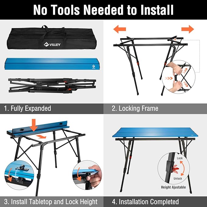 VILLEY Portable Camping Table with Adjustable Legs, Lightweight Aluminum Folding Beach Table with Carrying Bag for Outdoor Cooking, Picnic, Beach, Backyards, BBQ and Party - Blue