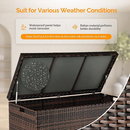 VINGLI Outdoor Wicker Storage Box, 132 Gallon Patio Rattan Deck Box, Wicker Storage Bench for Indoor, Outdoor, Pool, Balcony, Yard, Garden – Dark Brown