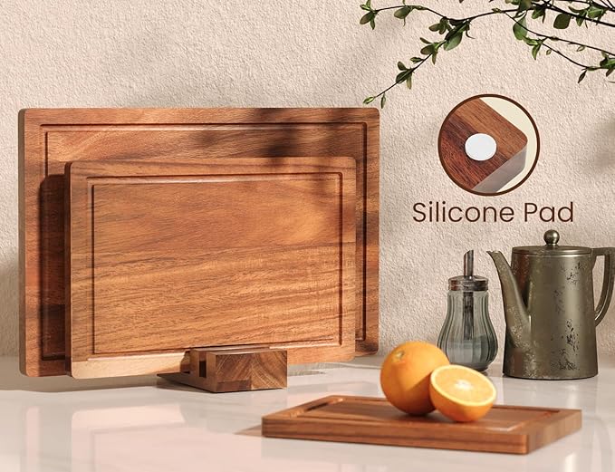 Set of 3 Acacia Wood Cutting Board Set,Wooden Chopping Boards with Juice Groove and Stand Holder for Kitchen,Butcher Block for Meat,Vegetables, Fruit