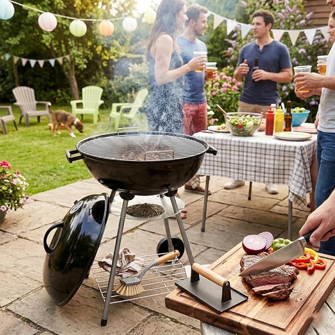 22-Inch Outdoor Charcoal Kettle Grill Set, Black, Porcelain Enamel Finish, Vented Lid with Damper, Freestanding BBQ Grill