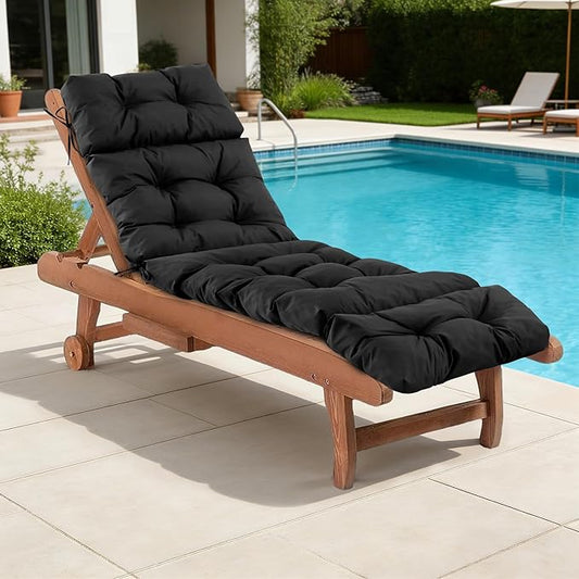 Chaise Lounge Cushions Outdoor, Waterproof & Fade Resistant Patio Lounge Chair Cushions for Outdoor Furniture, Chaise Cushion with Ties for Patio, Pool, Lawn and Beach, 75.1x22.8x4.7 Inch, Black