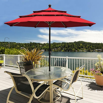 EliteShade USA 10-Year-Non-Fading 9ft 3-Tier Market Patio Umbrella, Commercial Grade Outdoor Table Umbrella with Crank Open, Windproof & UPF 50+ UV Protection, Heavy Duty Ventilation for Garden, Deck, Pool, Backyard, Beach & Bistro, Logo Red