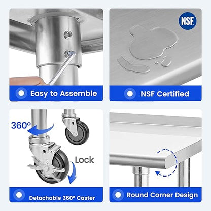 HALLY SINKS & TABLES H Stainless Steel Table for Prep & Work 24 x 72 Inches with Caster Wheels, NSF Commercial Heavy Duty Table with Undershelf and Backsplash for Restaurant, Home and Hotel