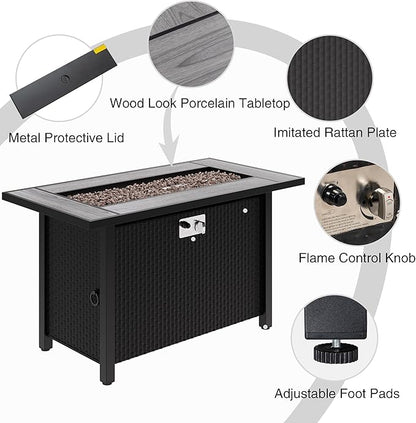 45in Fire Table, Propane Fire Pit with Red Lava Rocks and Rain Cover, Outdoor Firepit Table with Tile Top 50000 BTU 2-in-1 Fire Table for Patio/Yard/Balcony, Gray Tabletop