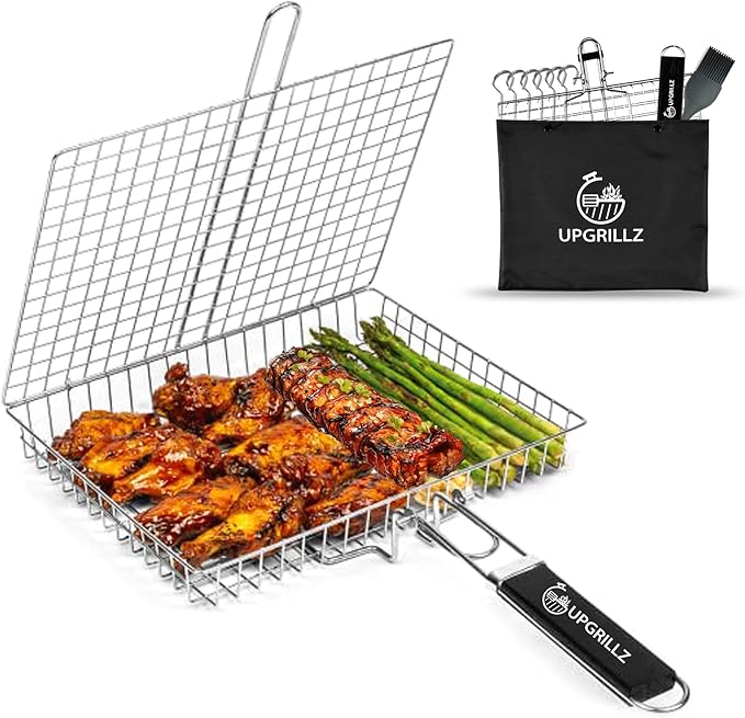 UPGRILLZ Fish Grill Baskets for Outdoor Grill Vegetables, Fish Grilling rack for Grill, BBQ Grilling Basket, Stainless steel Grill Basket for Veggies, shrimp Includes 5 Steel Skewers, Silicon Brush, and Carry Bag