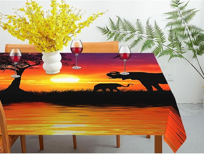 Decorative Rectangle Table Cloths Animal Safari Africa Elephant and Baby with Giraffe Tablecloth Table Cover for Dining/BBQ/Picnic/Coffee Table 52 X 70 Inches