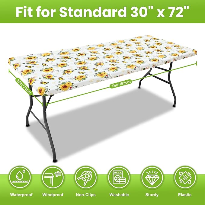 Smiry Spandex Fitted Tablecloth for 6 Foot Rectangle Tables, Washable Picnic Table Cover with Elastic, Stretch Reusable Table Cloth for Outdoor, Camping, Dining & Kitchen (Sunflower, 30"x72")