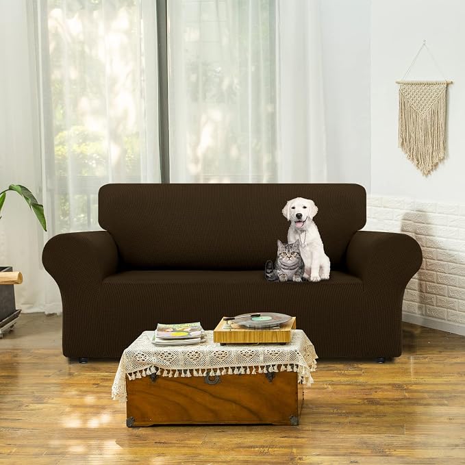 LURKA Stretch Loveseat Couch Cover, 1 Piece 2 Cushion Sofa Slipcover, Brown | Soft Stretch Jacquard, Fits 55"-78" Loveseats, Elastic Bottom for Secure Fit, Machine Washable, Pet & Kid Friendly