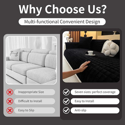 Velvet Couch Cover, Plush Sectional Sofa Cover Washable, Anti Slip Sofa Slipcover for 2-3 Cushion Sofas, Furniture Protector Covers for Pets & Kids(1PC, Black, 35.4"×63", Loveseat)