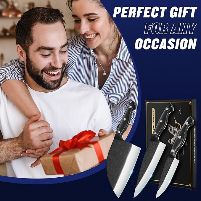 SSGP Butcher Knife Set of 3- Japanese Knife Set for Meat Cutting, Hand Forged Viking Knives Sets with Meat Cleaver, Heavy-Duty Kitchen Knives Sets for Bone BBQ Vegetable, Gifts for Men