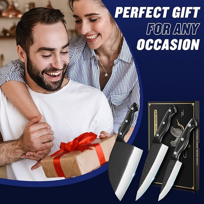 SSGP Butcher Knife Set of 3- Japanese Knife Set for Meat Cutting, Hand Forged Viking Knives Sets with Meat Cleaver, Heavy-Duty Kitchen Knives Sets for Bone BBQ Vegetable, Gifts for Men