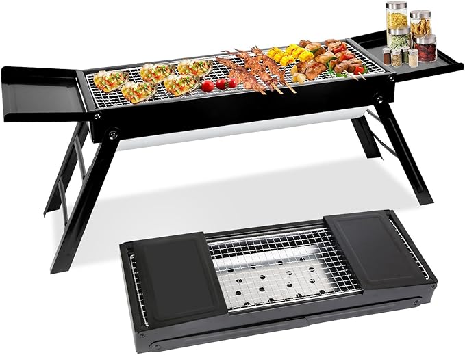 Charcoal Grill Stainless Steel Folding BBQ Griddle, Foldable Kabob Barbecue for Outdoor Hibachi BBQ Lamb Skewer Camping Barbecue Grill in Garden Backyard Party Picnic Travel