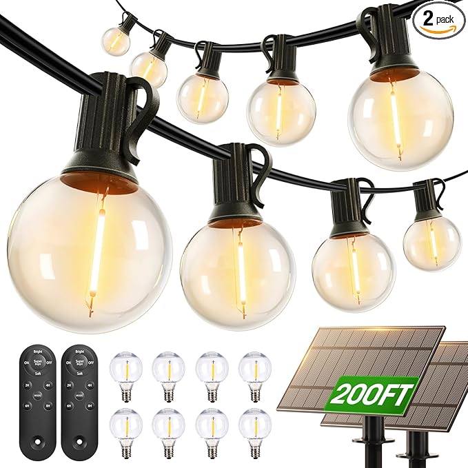 addlon 200FT(2 Pack*100FT) Solar String Lights Outdoor Waterproof with Remote, Dimmable Commercial Grade Solar Powered String Lights with 108 LED Bulbs, Hanging Light for Backyard Party Decor