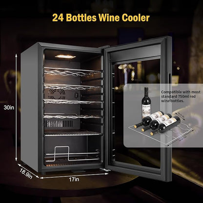 FoMup Wine Fridge 24 Bottles, Small Wine Cooler Refrigerator Freestanding with Digital Temperature Control Safety Lock, Frost Free for Red White Wine, Champagne