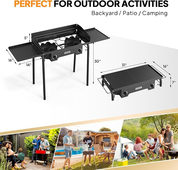ROVSUN 2 Burner Outdoor Camping Stove with Wind Panel & Shelves, Heavy Sturdy Propane Burner, Gas Cooker with Detachable Legs & CSA Regulator for Home Camp Paito Cooking Frying Canning