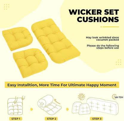 DANGHOOGY Wicker Chair Cushions, Waterproof Outdoor Loveseat Cushions for Patio Furniture, Tufted Wicker Furniture Cushions, 1 Loveseat and 2 U-Shaped Cushions, Yellow