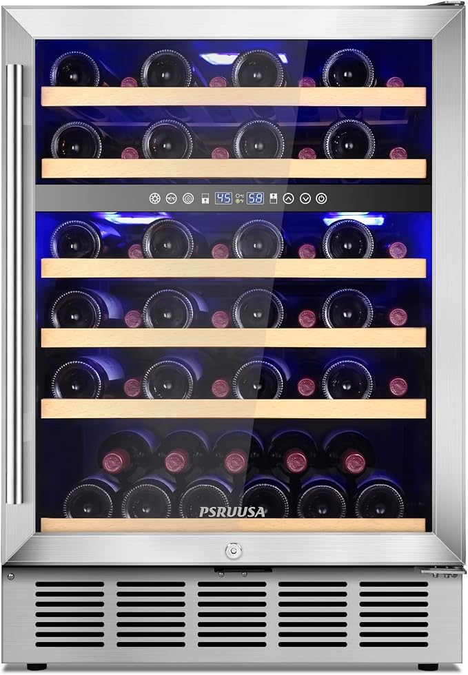 24 Inch Wine Fridge Dual Zone Wine Cooler Holds 46 Bottles, Temperature Control, Built-In or Freestanding Under Counter Wine Refrigerator with Glass Door for Kitchen, Home Bar