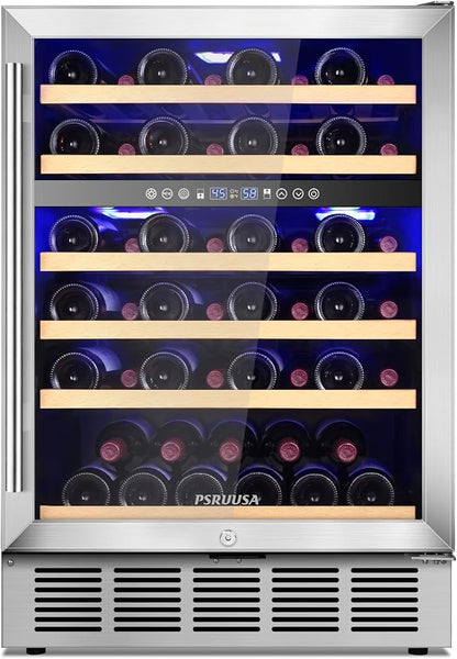 24 Inch Wine Fridge Dual Zone Wine Cooler Holds 46 Bottles, Temperature Control, Built-In or Freestanding Under Counter Wine Refrigerator with Glass Door for Kitchen, Home Bar
