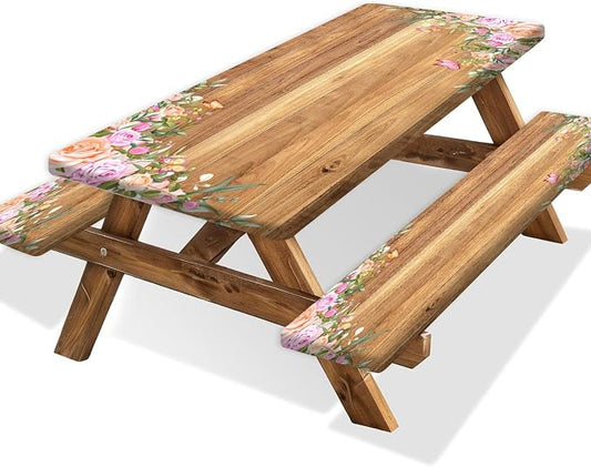 Camper Picnic Table Cover with Bench Covers Elastic Edges, Wooden Camper Fitted Table Cover, Outdoor Patio Camping Essentials 72 Inch 3PCS, Waterproof Camping Fitted Tablecloth with Drawstring Bag