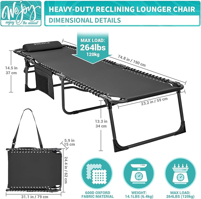 #WEJOY Folding Lounge Chair Outdoor, 5-Position Adjustable Sunbathing Tanning Chair with Shoulder Strap & Side Pocket, Heavy Duty Reclining Chair for Patio Pool Camping, Portable Folding Bed Cot,Black