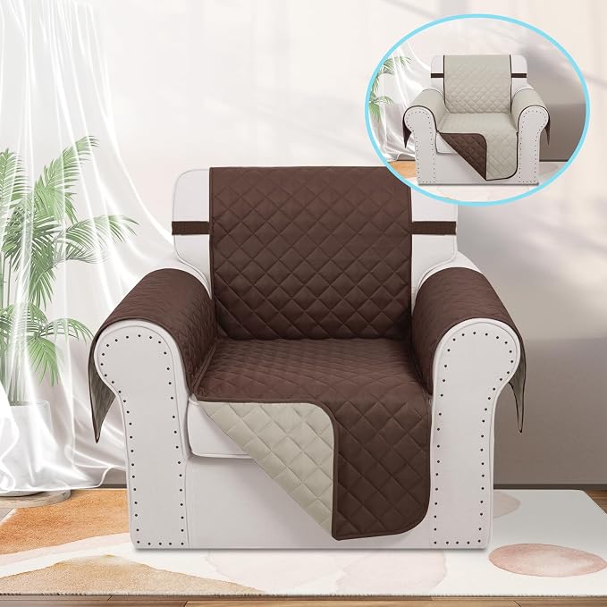 Reversible Recliner Chair Covers, 23" Chair, Chocolate/Beige | Chair Covers for Living Room with Elastic Straps, Water Repellent, Chair Protectors Covers for Dogs