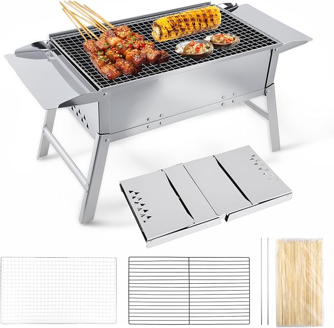 Foldable Portable Charcoal Grill 17.7x9.8 Inch Compact Small BBQ Grill Outdoor Cooking Stove Stainless Steel Folding Grill with Wood Skewers for Beach/Travel/Balcony/Camping/Backyard