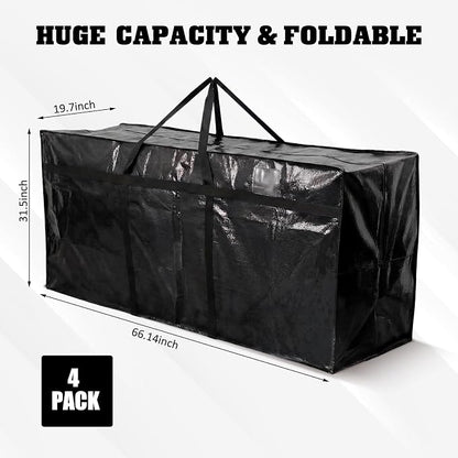 4 Pcs 169 Gallon Extra Large Moving Bags Heavy Duty Storage Bag with Strong Zipper Handle Foldable XXL Jumbo Storage Tote Packing Moving Box for College Dorm Travel Cloth Duffle (Black)
