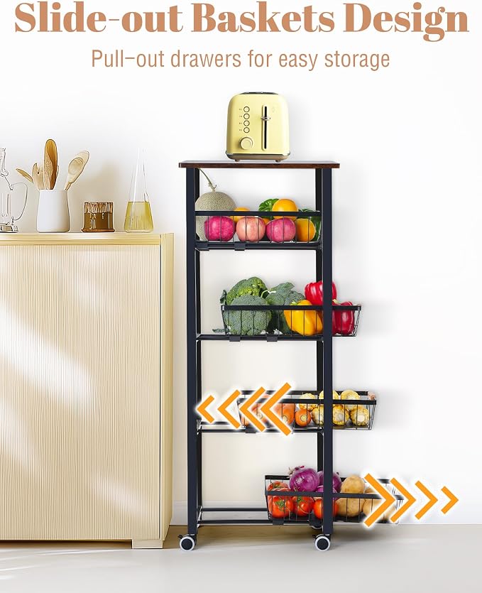 Mythinglogic 5-Tier Rolling Fruit Vegetable Storage Cart with Pull-Out Baskets, Metal Kitchen Organizer, Heavy Duty Utility Rack with Wheels for Pantry, Living Room, Kitchen