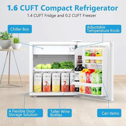 Electactic 1.7 Cu.ft Mini Fridge, Compact Refrigerator, Single Reversible Door, Ultra Quiet, Energy Efficient for Office, Dorm, Bedroom, Apartment, White