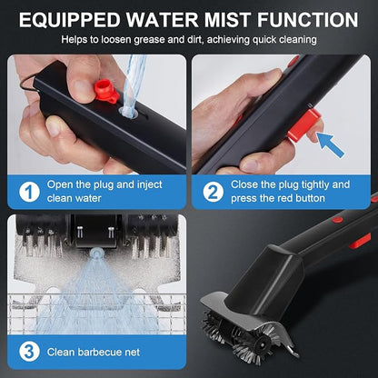 Cordless Electric Grill Brush with Water Spray & LED Light, Rechargeable BBQ Grill Cleaner with High Torque Motor, Power Barbecue Scrubber for Stainless Steel Grates, Ceramic Plates, Cast Iron Pans
