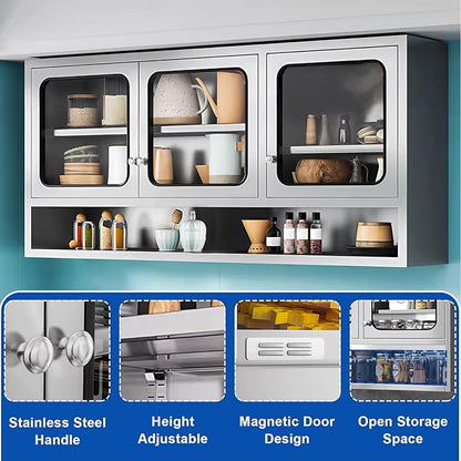 ZZV Kitchen Wall Cabinet, Stainless Steel Wall Mounted Cabinet with Adjustable Shelves, Industrial Wall Storage Cabinet for Garage, Warehouse, Commercial Kitchen, 8.66D x 45W x 27.56H in