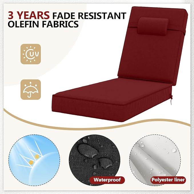 80 x 26 x 4 Inch Olefin Chaise Lounge Cushions, Lounge Chair Cushions with Headrest for Outdoor Furniture - Weather and Fade Resistant Patio Replacement Furniture Lounge Chair Cushion Set of 4